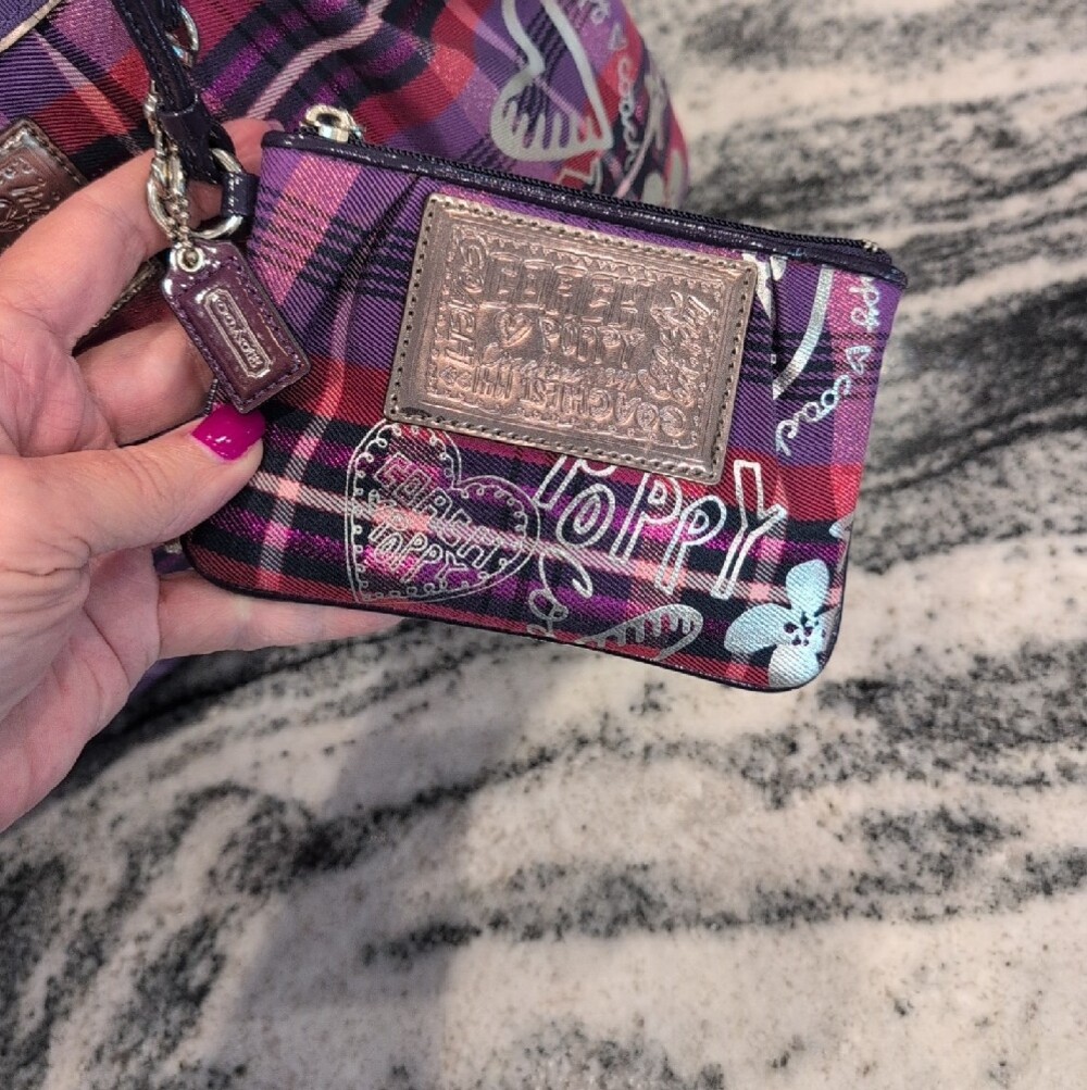 Coach Poppy Large Purple Plaid Tartan Glam Bag w/Matching Wristlet - RARE - Picture 4 of 15